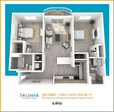 Floor plan for 2 beds, 2 baths, 1045 sqft